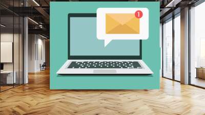 new email notification on laptop computer screen concept, vector flat illustration Wall mural