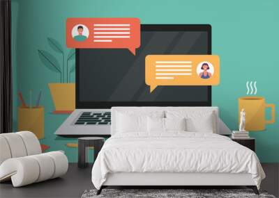 online chatting on laptop computer concept, man and woman connecting together and work from anywhere, vector flat illustration	
 Wall mural