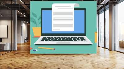 paper sheet and electronic text file writer, copywriter writing letter or journal via laptop computer, vector flat illustration Wall mural