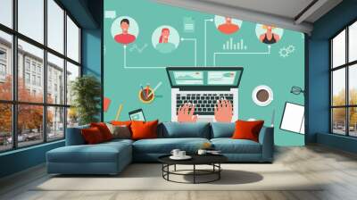 people connecting and working online together on laptop computer, remote working, work from home, work from anywhere and new normal concept, vector flat illustration Wall mural