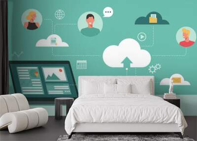 people connecting together, learning or meeting online with teleconference, remote working, work from anywhere and sharing data and information on cloud computing technology, vector flat illustration Wall mural