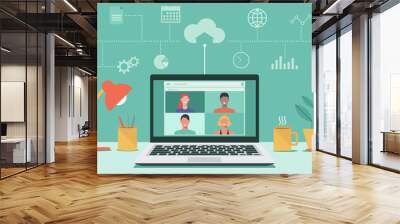 people connecting together, learning or meeting online with teleconference, video conference remote working, work from home, work from anywhere, new normal concept, vector flat illustration Wall mural