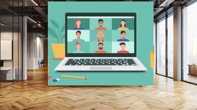 people connecting together, learning or meeting online with teleconference, video conference remote working on laptop computer, work from home and anywhere, new normal concept, vector illustration Wall mural