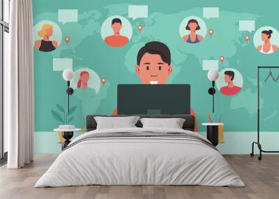 people from around the world working together online on computer, teleconference, video conference remote working, work from home, work from anywhere, new normal concept, vector flat illustration Wall mural