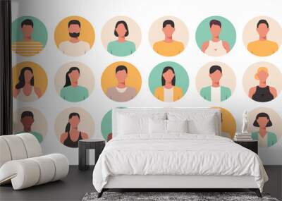 People portraits of faceless males and females, men and women face avatars isolated at round icons set, vector flat illustration Wall mural