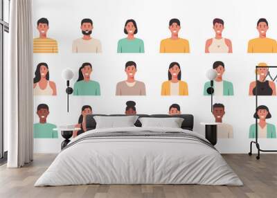 People portraits of young men and women, male and female face avatars isolated icons set, vector flat illustration Wall mural