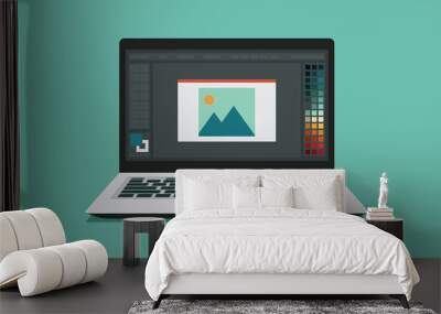 photo or graphic on laptop computer screen with design or image editing software or program of designer, vector flat illustration Wall mural