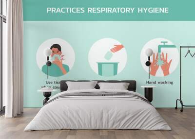 practices respiratory hygiene infographic concept, healthcare and medical about hygiene and virus prevention, new normal, vector flat symbol icon, layout, template illustration in horizontal design Wall mural