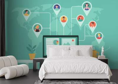 professional people from around the world working together online on laptop computer, remote working, work from home, work from anywhere and new normal concept, vector flat illustration Wall mural