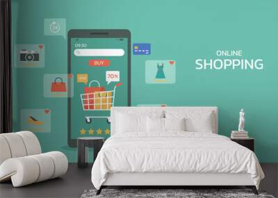 smartphone application with cart, shopping bag, and icon for online shopping concept, web and banner, vector flat illustration Wall mural