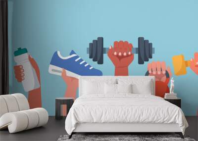 Sport exercise web banner concept, human hands holding training equipment such as dumbbells, kettlebell and resistance band, time to fitness workout and healthy lifestyle, vector flat illustration Wall mural