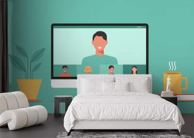 video conference with people connecting together, learning and meeting online via teleconference or remote working on computer, work from home and anywhere, vector flat design illustration Wall mural