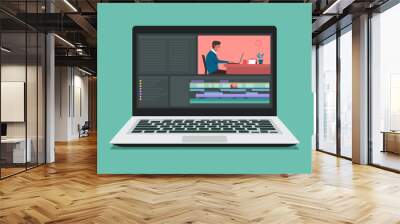 Video editing software with laptop computer. Workplace for freelancer video editor, vlogger or movie making, vector flat illustration Wall mural