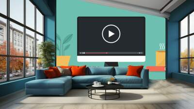 video media player icon on computer concept, vector flat design illustration Wall mural