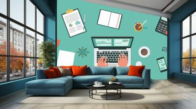 work from home, remote working, connecting online on laptop computer concept, top view, new normal, vector flat illustration Wall mural