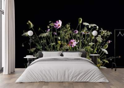 Vibrant Wildflower Arrangement on Black Background Wall mural