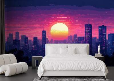 8-bit pixel art of a pixelated city skyline at sunset with ample sky copy space, retro urban theme, contemporary visual. Wall mural