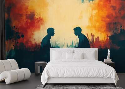 A watercolor-style digital painting depicting two individuals in silhouette sitting across from each other, engaging in conversation. Wall mural