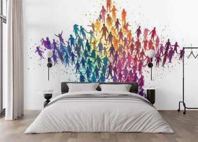 Colorful silhouettes of people form vibrant star shape, symbolizing unity and diversity. artwork conveys sense of togetherness and celebration. Wall mural