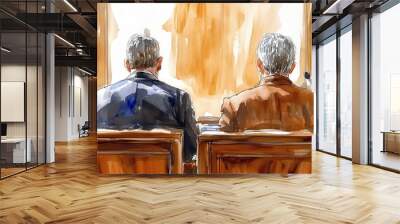 Courtroom scene with two men seated, facing away, in legal setting. atmosphere conveys tension and seriousness. Wall mural