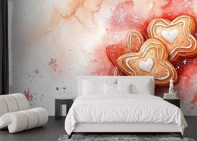 Delicious gingerbread cookies with heart shapes are beautifully arranged against festive watercolor background. Wall mural