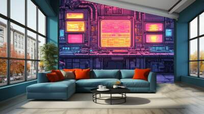 Digitized Future - Retro Sci-Fi Laboratory with Robotic Arms and Glowing Panels in 16-Bit Style Wall mural