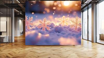 Enchanting 3D Winter Wonderland with Falling 2D Snowflakes and Snow Accumulation on Ground Wall mural