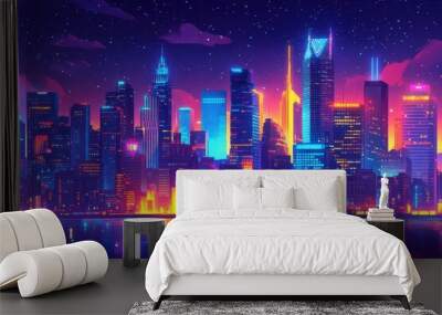 Glowing Retro Cityscape with Pixelated Neon Signs and Open Sky for Casino - Night Urban Background for Text Overlay Wall mural