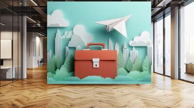 Innovative Business Travel Concept - Paper Cut Briefcase with Paper Airplane Soaring Out, Creative Ideas Exploration Wall mural