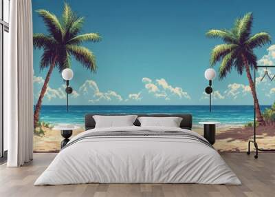 Nostalgic Pixelated Retro Game Beach Scene with Vibrant Palm Trees and Copy Space Wall mural