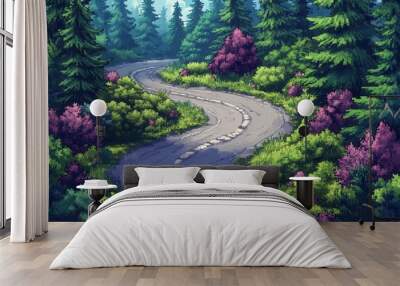 Pixelated Forest Journey: Tranquil Retro Game Landscape with Vibrant Blend Finish Wall mural