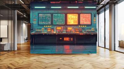 Retro Futuristic Control Room with Pixelated Screens, Glowing Buttons, and Robotic Arms in 16-Bit Style - Cool Colors and Clean Composition in Retro Sci-Fi Theme Wall mural