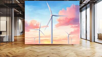 Serene Wind Turbines: Watercolor Illustration of a Wind Farm at Sunset Symbolizing Renewable Energy Wall mural