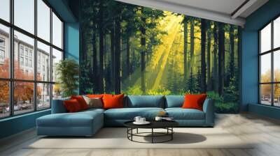 Vintage Pixelated Forest Landscape with Sun Rays - Retro Game Style Background with Copy Space Wall mural