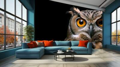 A wise old owl portrait in a dark studio. AI Generated. This image evokes surprise, suspicion, questioning, and knowledge through the use of the owl's huge eyes and curious personality. Wall mural