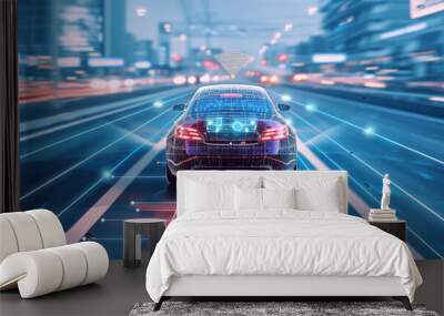 An EV or smart car glides through traffic, its sensors alert to road conditions, effortlessly avoiding obstacles—an epitome of smart, eco-friendly mobility Wall mural