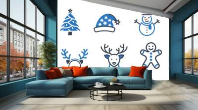 Set of Christmas and New Year icons in blue colors on light background Wall mural