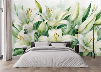 Watercolor Easter lilies in bloom, elegant floral arrangement with soft background Wall mural