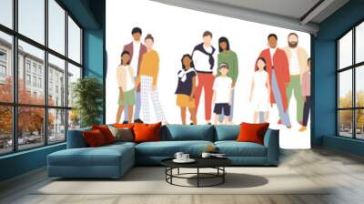 Multicultural group of mothers and fathers with kids. Flat vector illustration. Wall mural