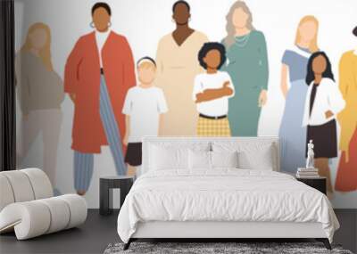 Multicultural group of mothers with kids. Transparent background. Wall mural