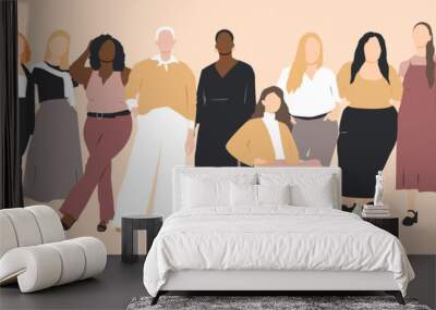 Women of different ethnicities stand side by side together. Flat vector illustration.	 Wall mural