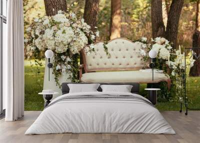 luxury wedding decorations with bench, candle and flowers compis Wall mural