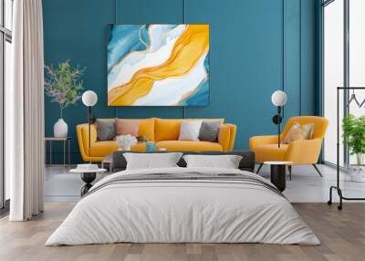 Modern living room with bright yellow sofa and abstract art in contemporary interior design Wall mural