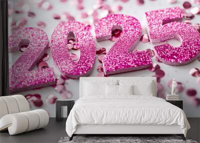 Pink Glitter 3-D 2025 numbers. A New Years eve banner with pink sequins on a white background Wall mural