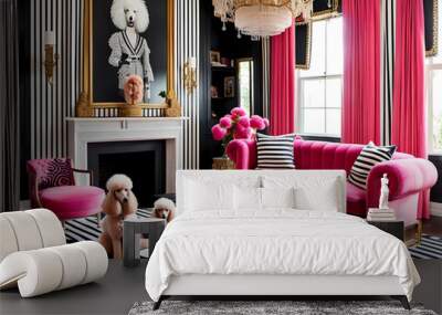 Vibrant & Quirky Black White stripe patterned glamorous living room decor with pink accents and two poodles.  Wall mural