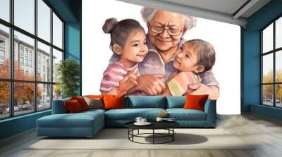 Watercolor of grandmother holding her two young grandaughters in a warm embrace. Isolated PNG. AI Wall mural