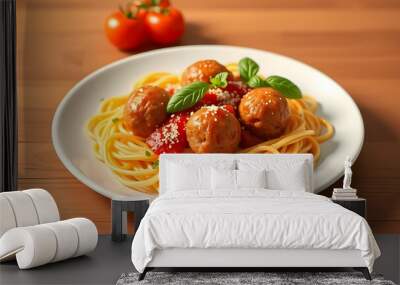 Delicious spaghetti with meatballs and fresh basil on a wooden table Wall mural