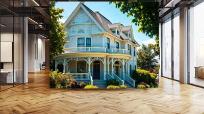 Victorian-style house with ornate details and lush garden in bright daylight Wall mural