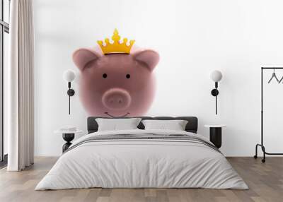 Pink piggy bank with golden crown isolated over white background with copy space, cash is king concept image Wall mural