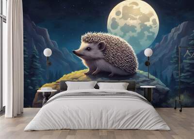 A captivating illustration of a hedgehog at the peak of stone in front of a full moon ai generated Wall mural